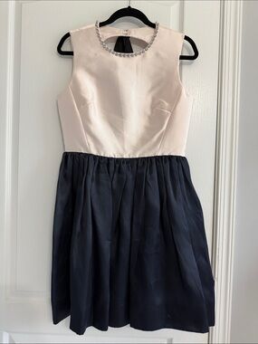kate spade Cream and Navy Sleeveless Party Dress with Embellished Neckline